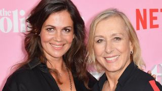 Russian businesswoman Julia Lemigova (L) and her wife US-Czechoslovak former professional tennis player Martina Navratilova (R) arrive for the Netflix premiere of "The Politician" at the DGA theatre in New York City on September 26, 2019.