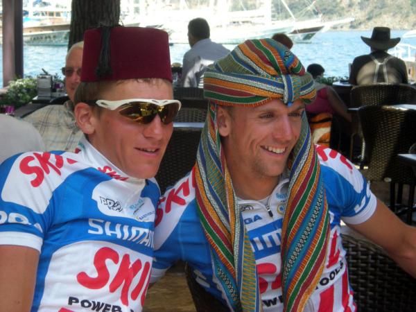 Skil-Shimano riders Frederik Wilmann and David Deroo adopted local garb at the start in Finike.
