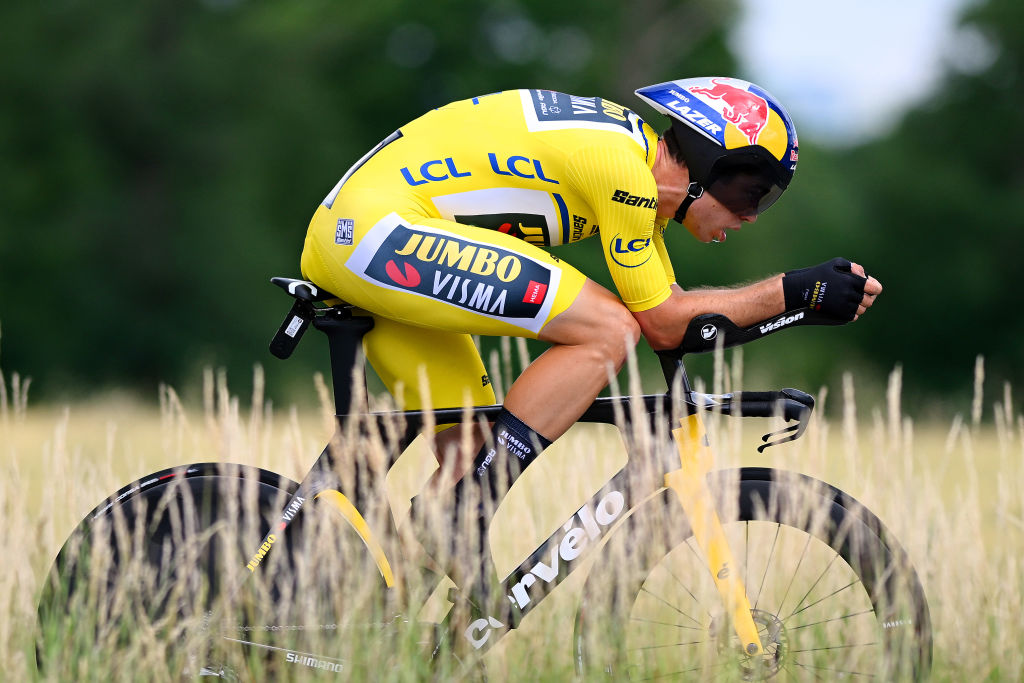 LA BATIE DURFE FRANCE JUNE 08 Wout Van Aert of Belgium and Team Jumbo Visma Yellow Leader Jersey prints during the 74th Criterium du Dauphine 2022 Stage 4 a 319km individual time trial from Montbrison to La Btie dUrf WorldTour Dauphin on June 08 2022 in La Batie dUrfe France Photo by Dario BelingheriGetty Images