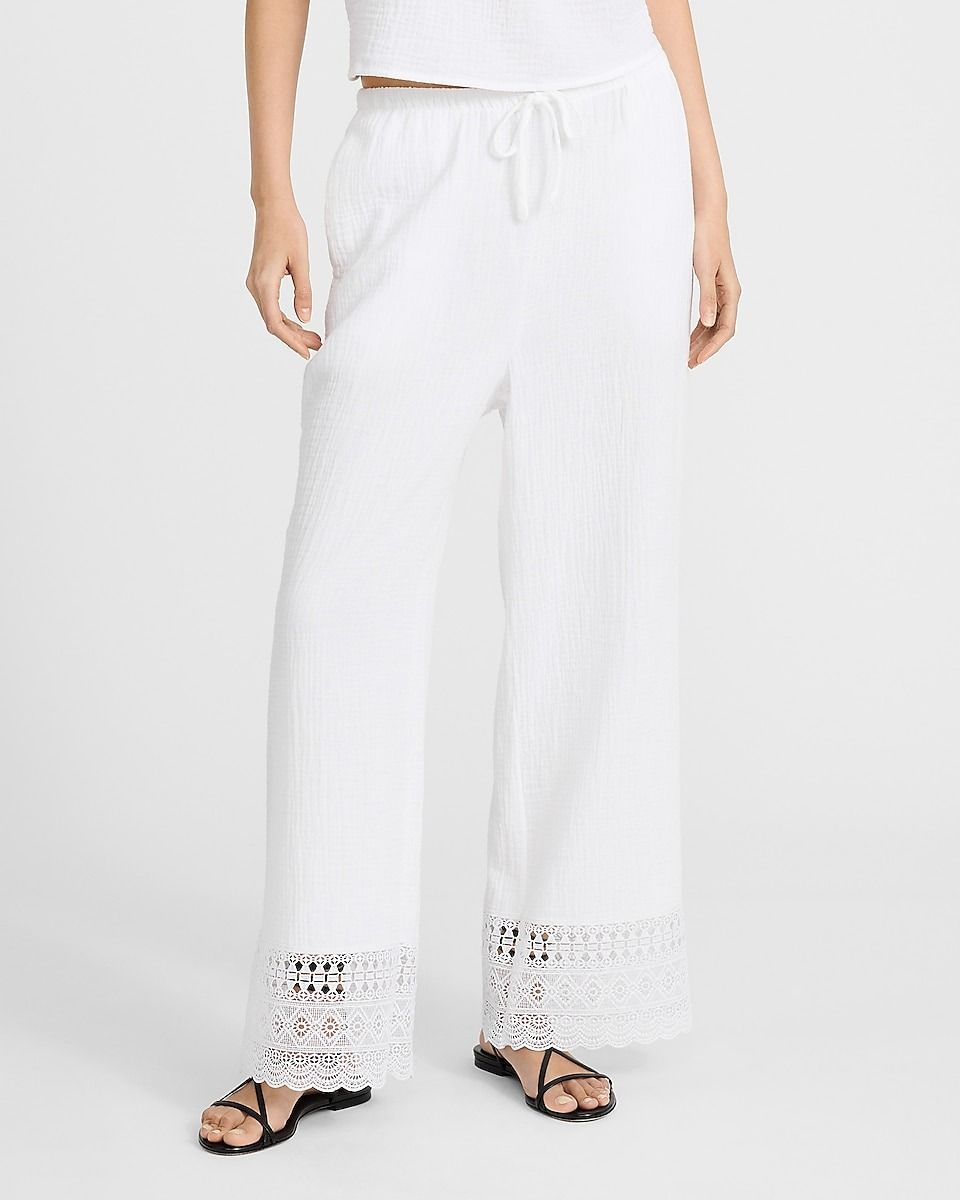 express, High Waisted Gauze Lace Hem Pull On Wide Leg Ankle Pant