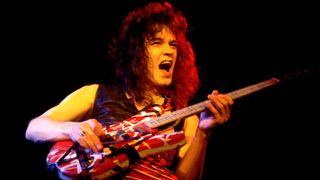 Eddie Van Halen (1955 - 2020), of the group Van Halen, performs onstage at the Aragon Ballroom, Chicago, Illinois, April 26, 1979