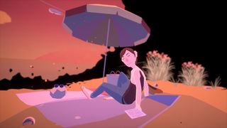 Before your eyes PSVR 2; a woman sits on a sandy beach under an umbrella