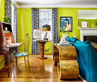 maximalist living room with digital green walls