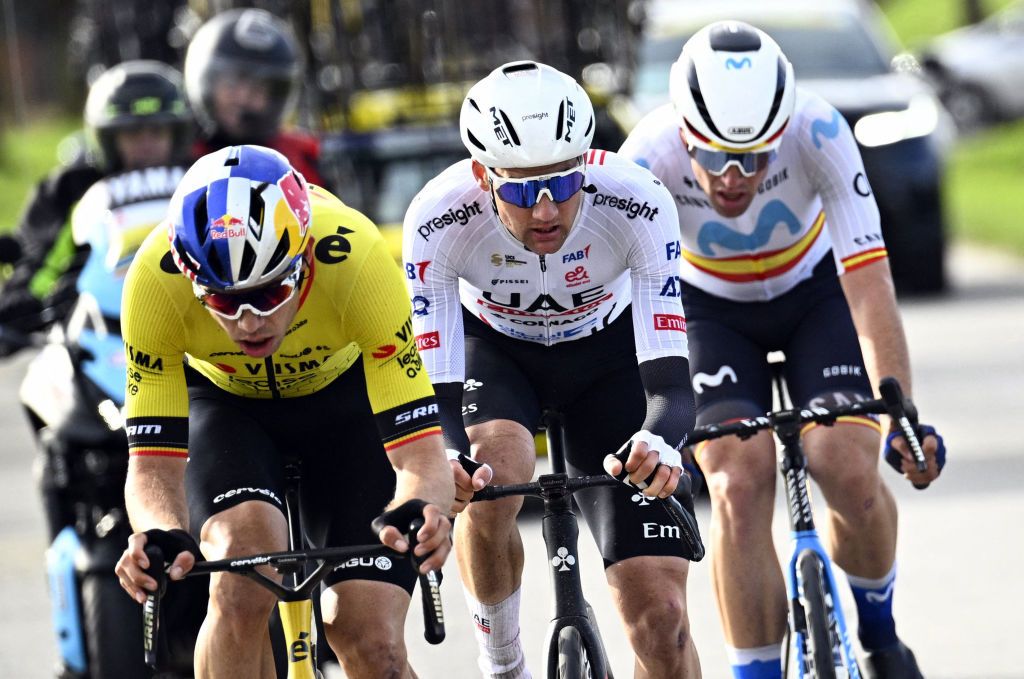 from left: Belgian Wout van Aert of Team Visma-Lease a Bike, Belgian Tim Wellens of UAE Team Emirates and Spanish Oier Lazkano of Movistar Team compete in the the Kuurne-Brussels-Kuurne one day cycling race, 196,4 km from Kuurne to Kuurne via Brussels, in Kortrijk on February 25, 2024. (Photo by JASPER JACOBS / Belga / AFP) / Belgium OUT