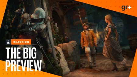 At night, Edward Kenway presses himself against a corner as he peeks at an oncoming guard in Assassin's Creed Black Flag Resynced, with an orange GamesRadar+ Big Preview frame