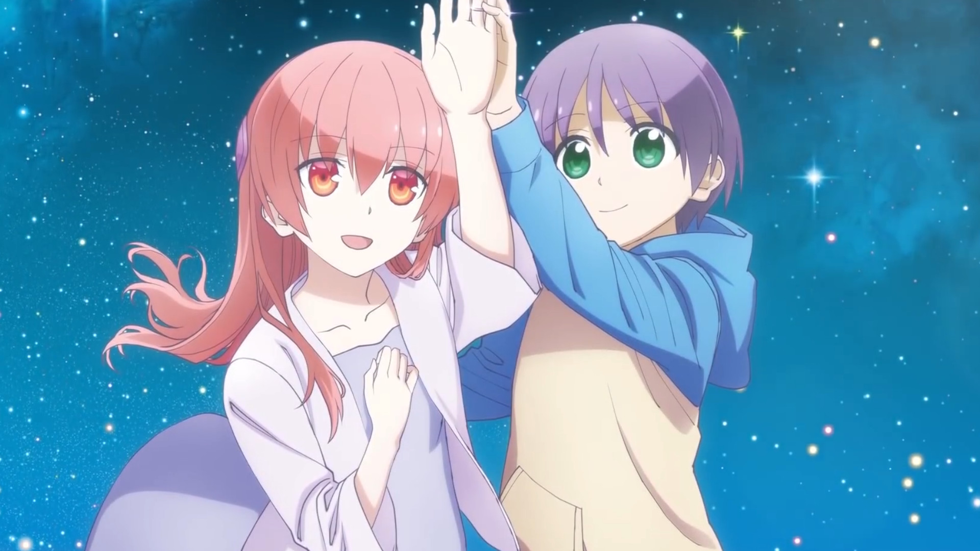 Nasa Yuzaki and Tsukasa Yuzaki touching hands in front of a night's sky and looking at their fingers during the romance anime series Tonikawa: Over the Moon for You.