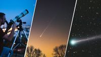 A three panel image divided by diagonal white lines. The left image shows a man looking through a telescope at the night sky, the middle and right show comets. 