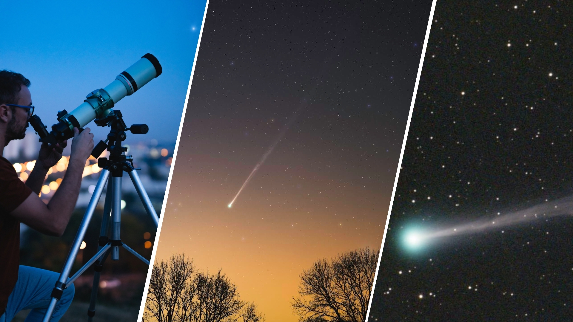 A three panel image divided by diagonal white lines. The left image shows a man looking through a telescope at the night sky, the middle and right show comets. 