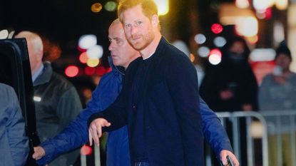 Prince Harry, Duke of Sussex is seen leaving "The Late Show With Stephen Colbert" on January 09, 2023 in New York City