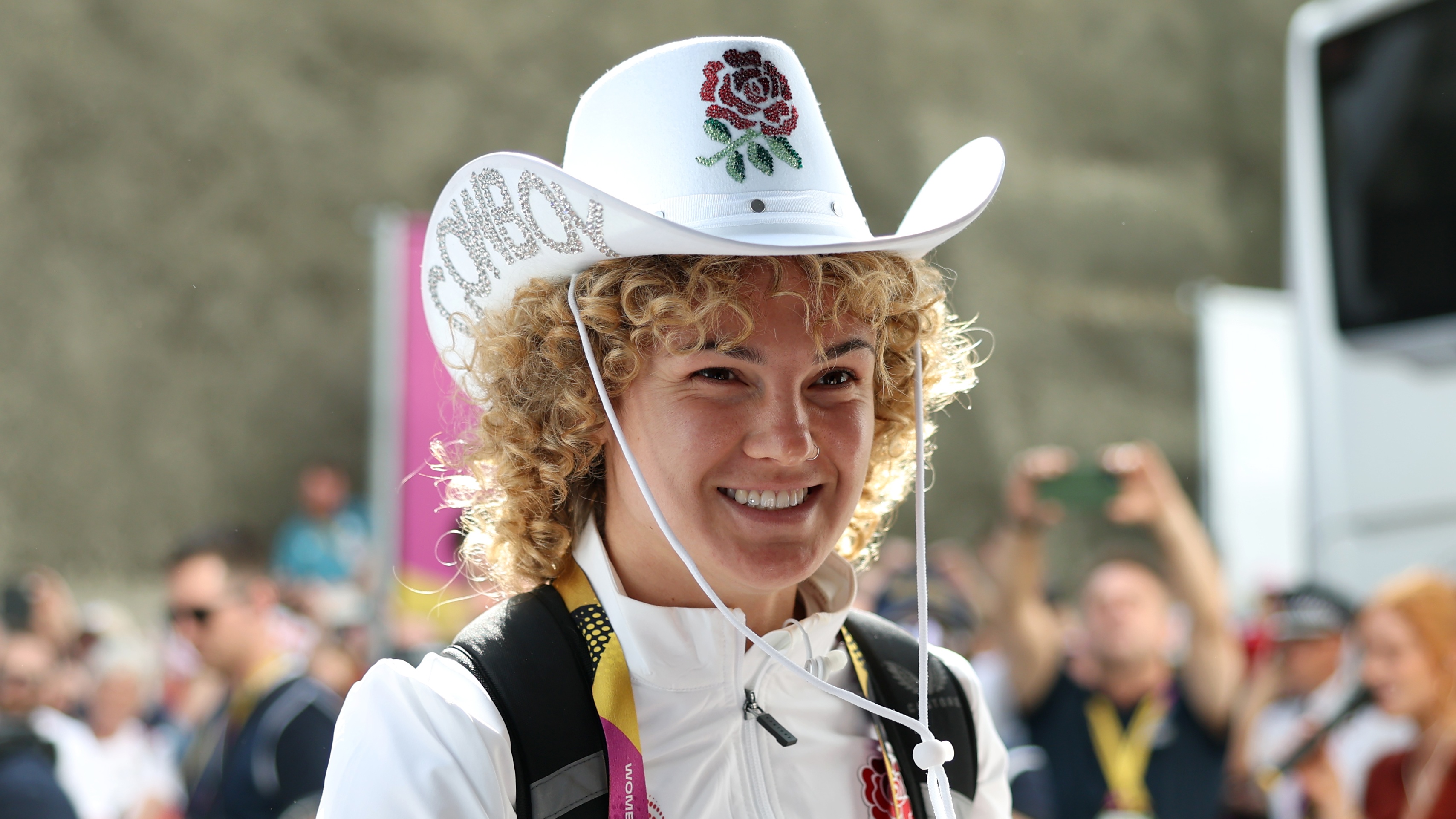 Ellie Kildunne of England wears an England branded cowboy hat as she arrives at the stadium prior to the Women&#039;s Rugby World Cup 2025 Pool A match between England and Australia at Brighton &amp; Hove Albion Stadium on September 06, 2025 in Brighton, England. 