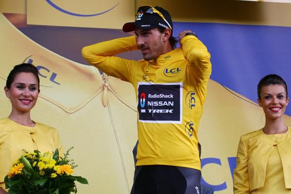 Fabian Cancellara (RadioShack-Nissan) pulls on the yellow jersey for the second day running