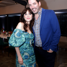 Zooey Deschanel and Jonathan Scott at the premiere of "What Am I Eating" held at Casita Hollywood on May 22, 2023 in Los Angeles, California.