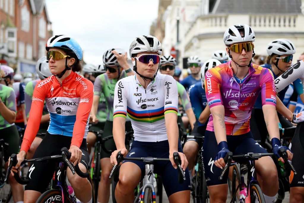 SAFFRON WALDEN ENGLAND MAY 24 LR Christine Majerus of Luxembourg Lotte Kopecky of Belgium and Lorena Wiebes of The Netherlands and Team SD WorxProtime prior to the 10th Ford RideLondon Classique 2024 Stage 1 a 1592km stage from Saffron Walden to Colchester UCIWWT on May 24 2024 in Saffron Walden England Photo by Alex BroadwayGetty Images