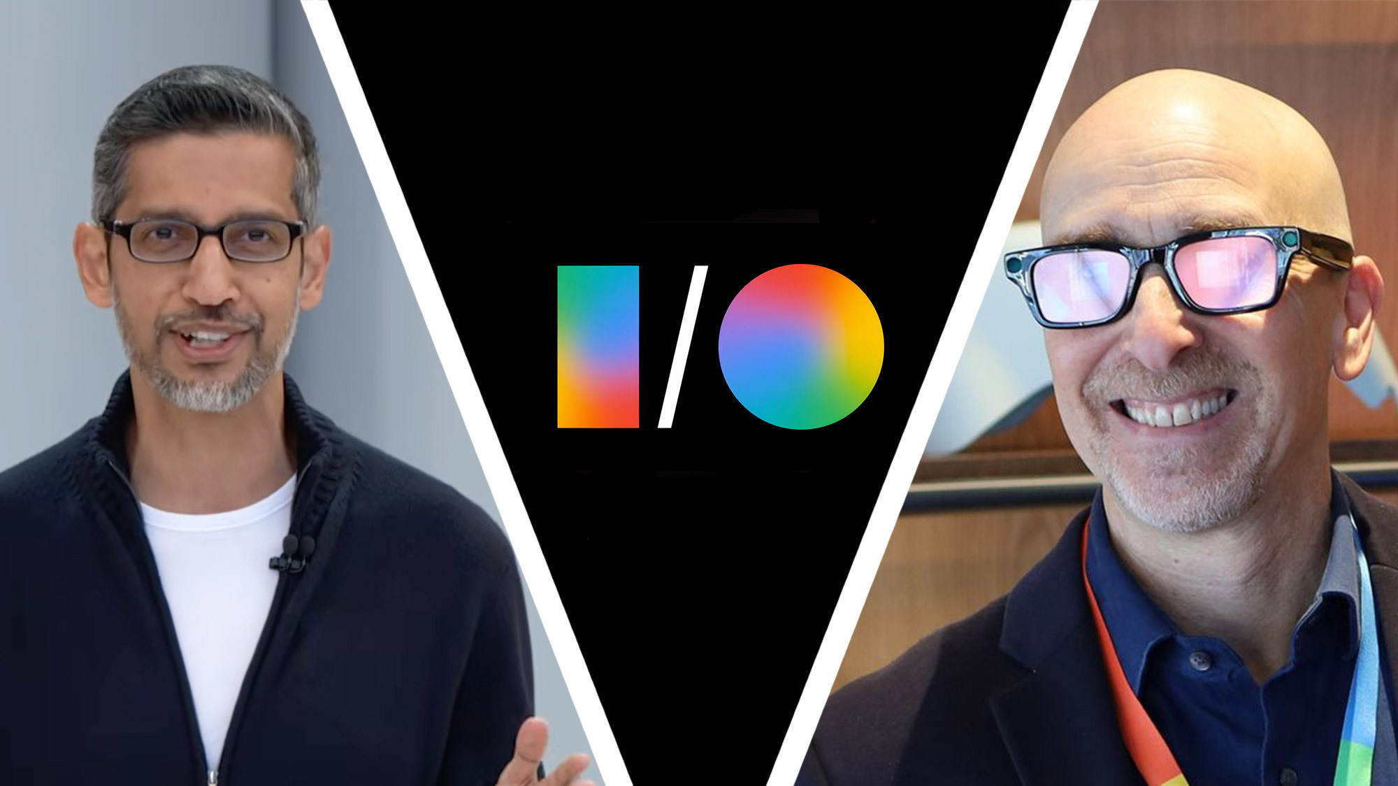 Google CEO alongside the Google I/O logo alongside a man in smart glasses