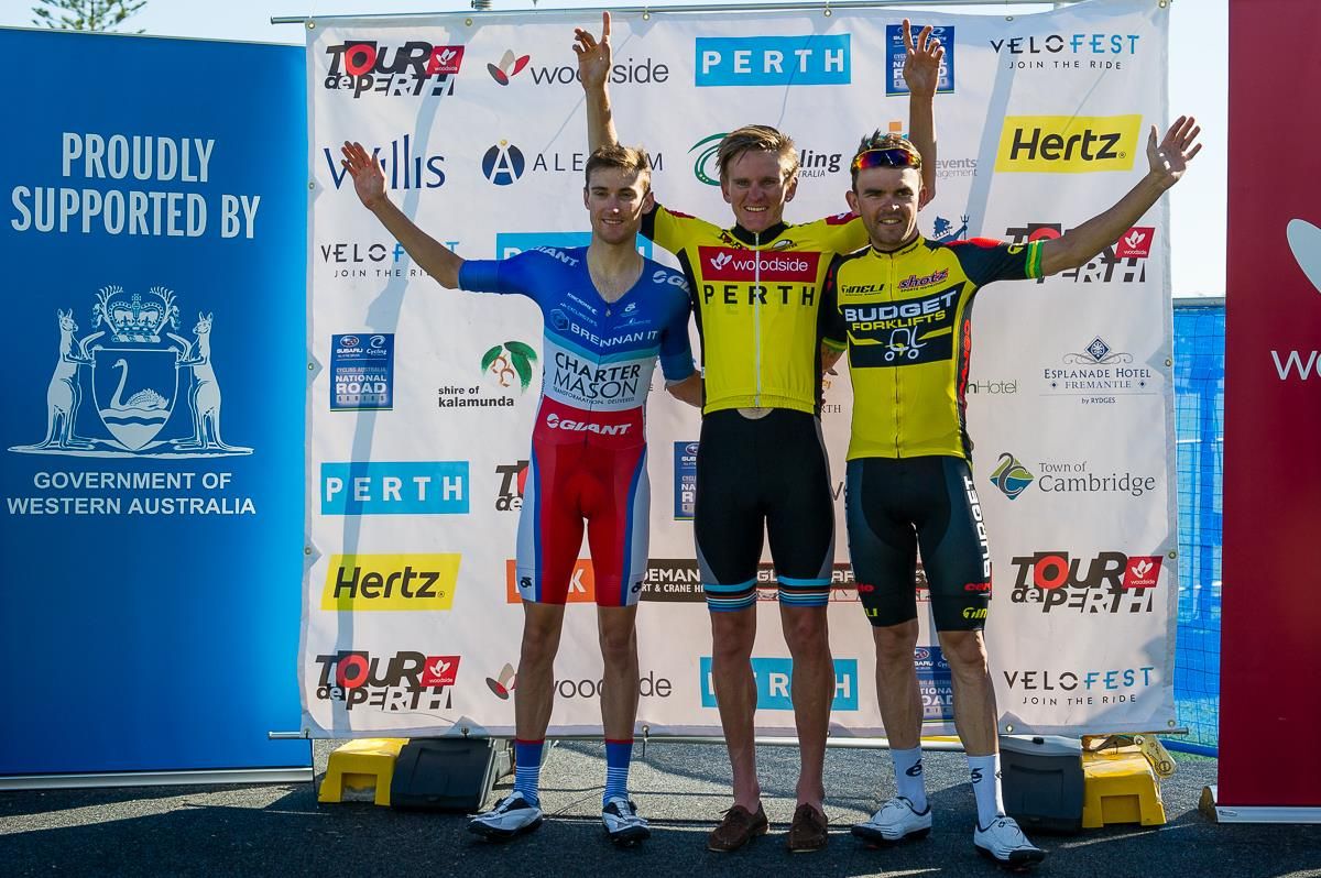The final podium of the 2015 Tour de Perth; Sam Crome (CharterMason-Giant), Guy Kalma and Jack Bobridge (Budget Forklifts)