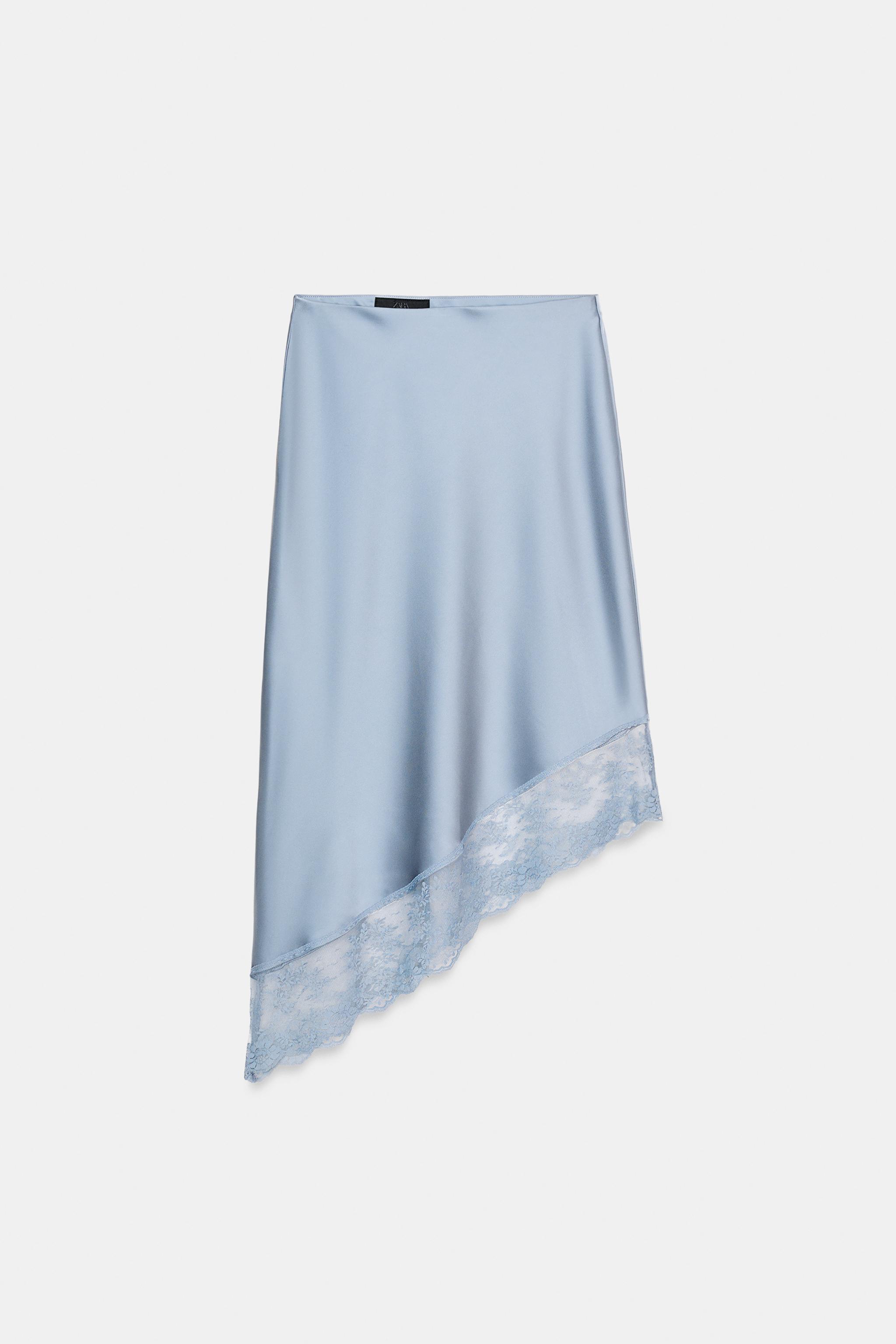 Satin Effect Midi Skirt With Asymmetric Hem and Lace