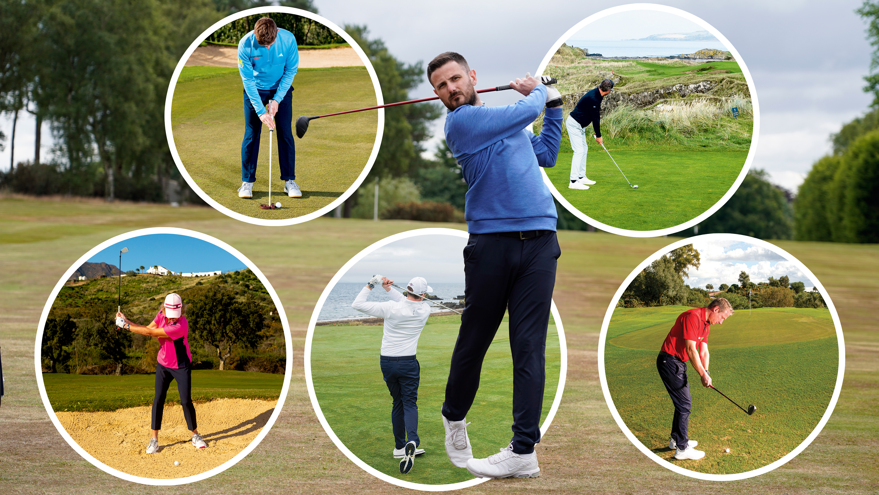 high-handicap golfer Baz Plummer in the finish position with a 3-wood after hitting a shot from. the fairway at Sand Moor Golf Club, with five inset images of five coaches demonstrating key tips that could help high-handicap golfers to shoot their best score