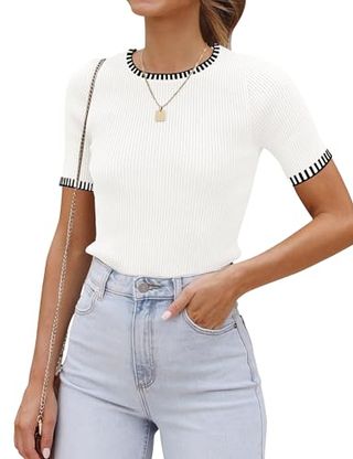 Luvamia Dressy Casual Crewneck Short Sleeve Ribbed Knit Tops for Women Trendy White Blouses for Women Dressy Womens Summer Tops Work Blouses for Women Office Cream White Size Small Fits Size 4 Size 6