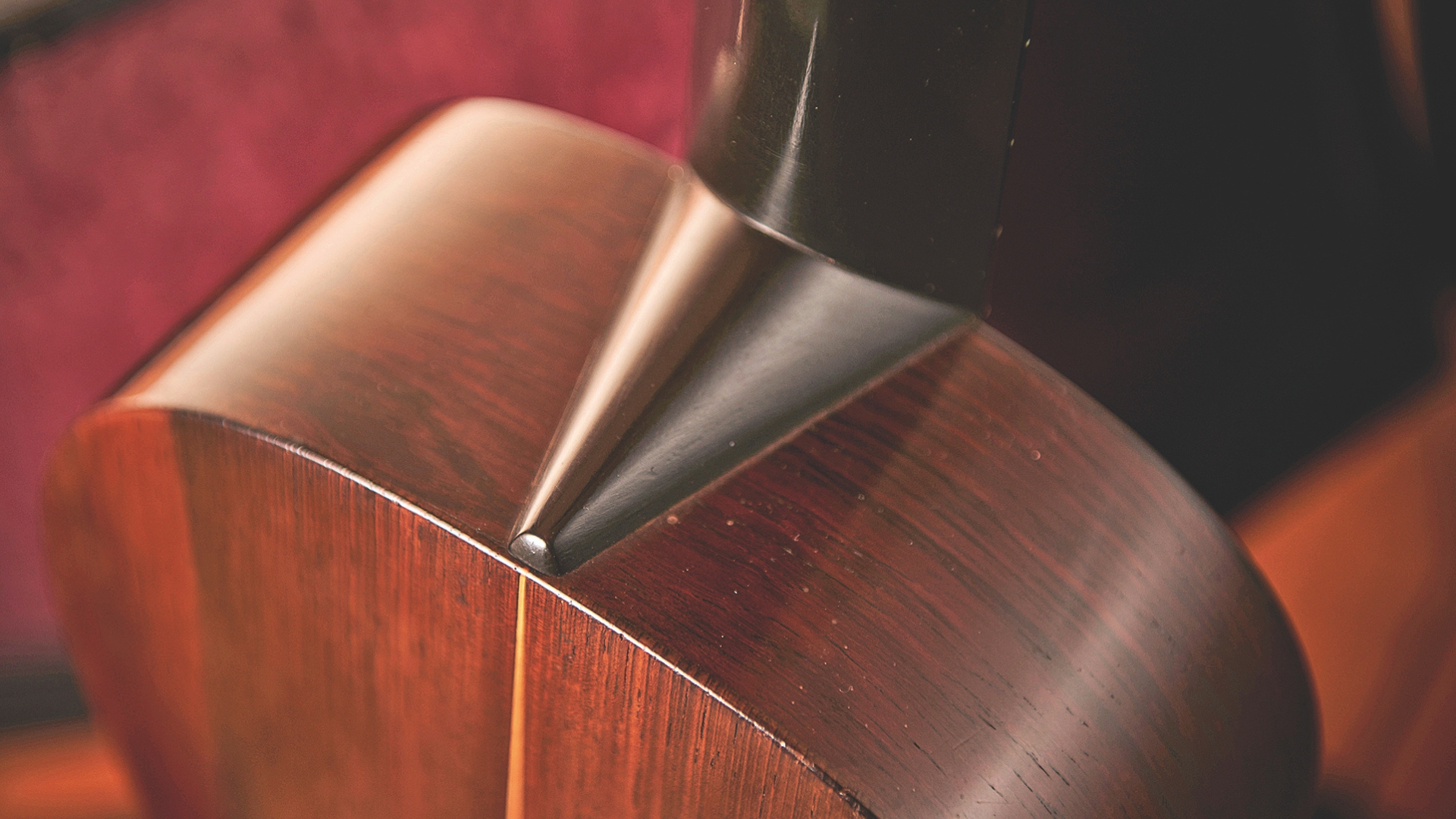 The neck joint on an acoustic guitar