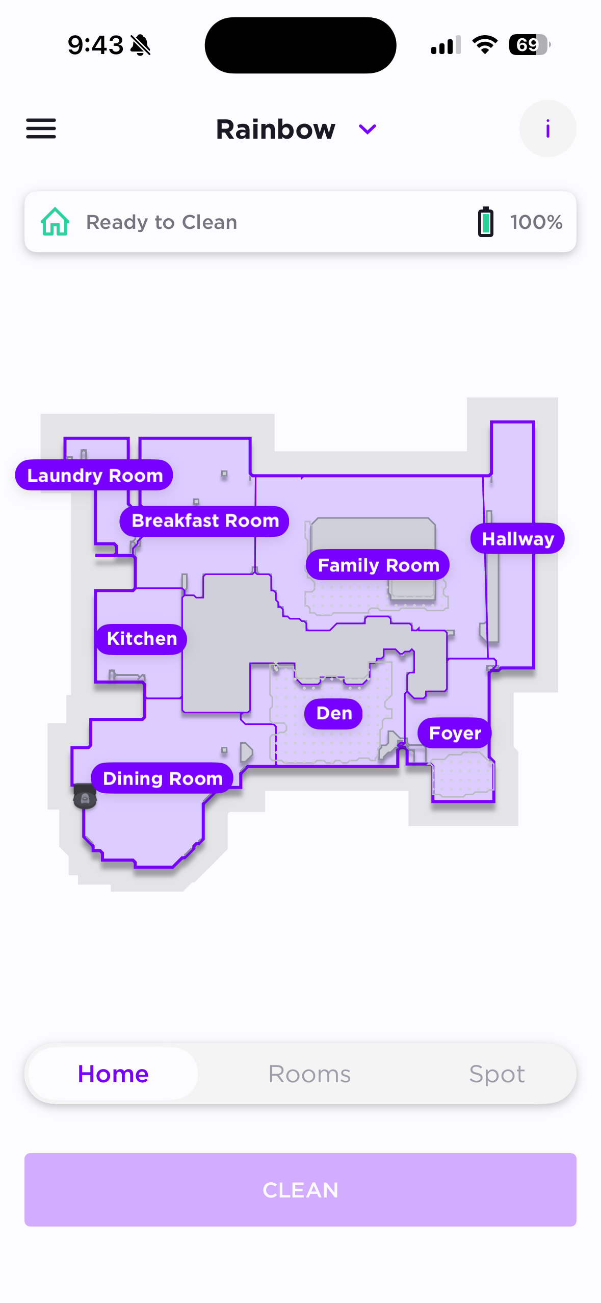 Screenshot of the Shark Clean app showing map layout of a home.