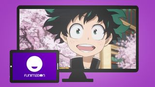 Composition of My Hero Academia anime on TV screen and Funimation logo on a tablet screen