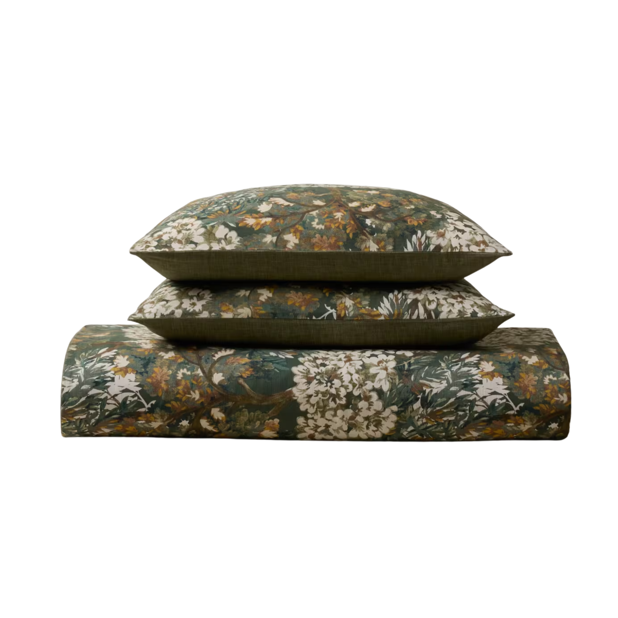 a duvet and two pillows in a dark green forest-like pattern