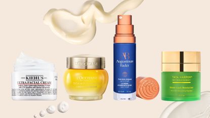 best face moisturisers from Kiehl's, L'Occitane, Augustinus Bader and Tata Harper on a light peach background with product swatches