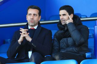 Arsenal techincal director Edu sits alongside first-team boss Mikel Arteta.