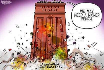 Political cartoon U.S. Brett Kavanaugh Supreme Court hearings chaos higher bench