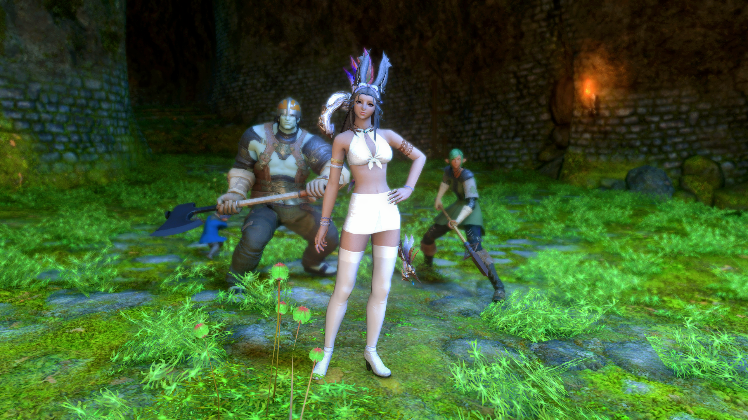 A Viera surrounded by NPCs in a Final Fantasy 14 dungeon.