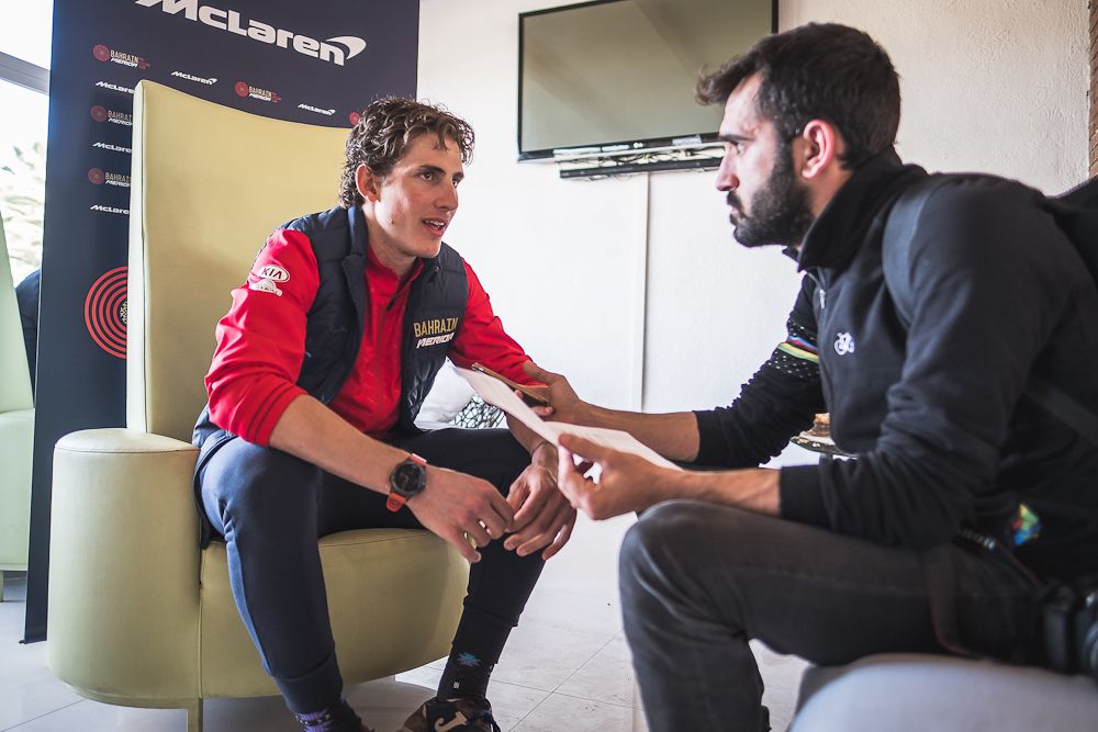 Ivan Garcia speaks with reporters at the Bahrain-Merida gathering in Catalunya