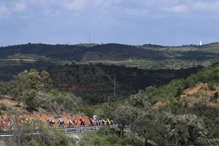 TAVIRA PORTUGAL FEBRUARY 21 A general view of the peloton passing through a landscape during to the 51st Volta ao Algarve em Bicicleta Stage 3 a 1835km stage from Vila Real Santo Antonio to Tavira on February 21 2025 in Tavira Portugal Photo by Tim de WaeleGetty Images