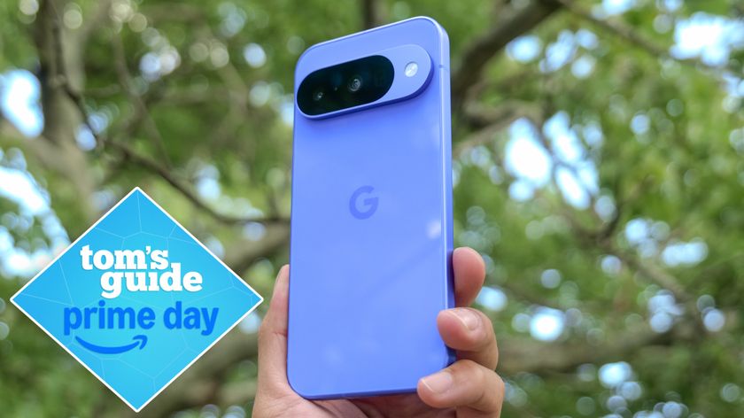 Google Pixel 10 held in hand with Prime Day deal badge nearby.