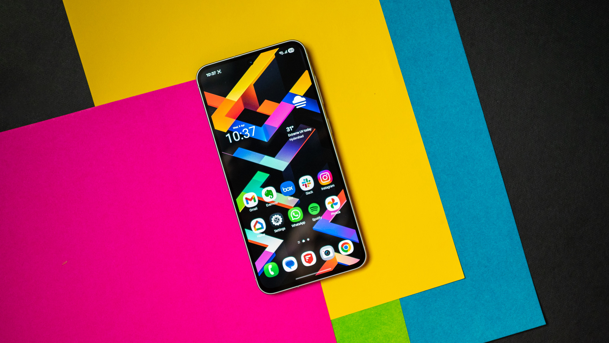 Samsung Galaxy A56 against a colorful background