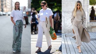 what to wear with wide leg pants casually demonstrated by three street style shots