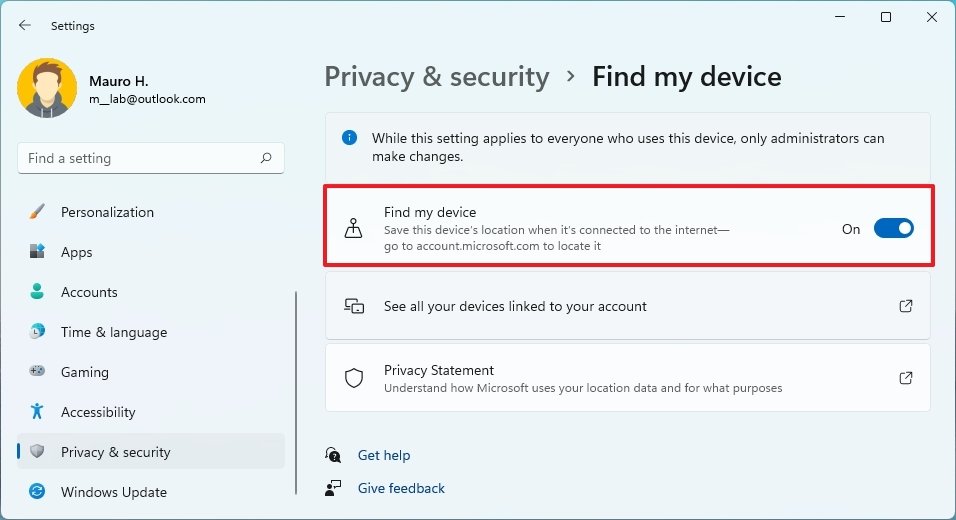 Windows 11 enable find my device