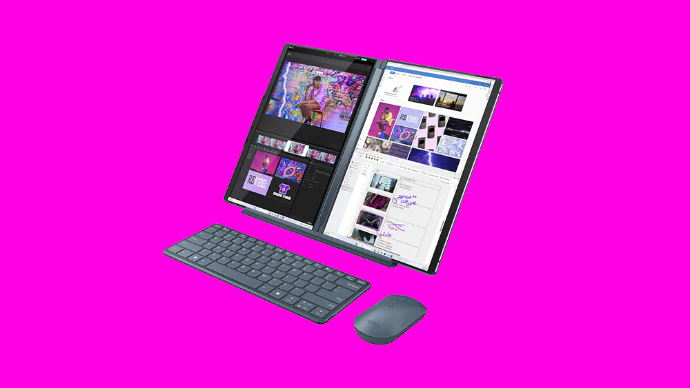 Product shot of Lenovo Yoga Book 9i on a magenta background