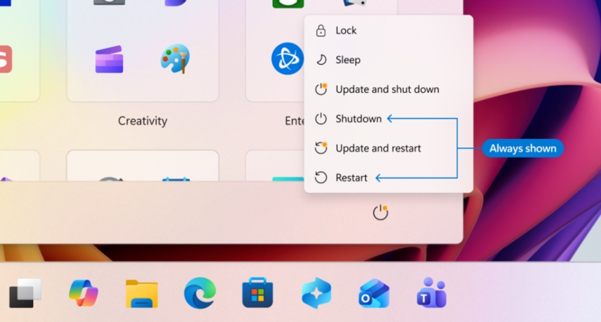 A computer screen displays the power menu options on a pastel-colored interface, with choices like Lock, Sleep, and Shutdown. The tone is modern and clean.
