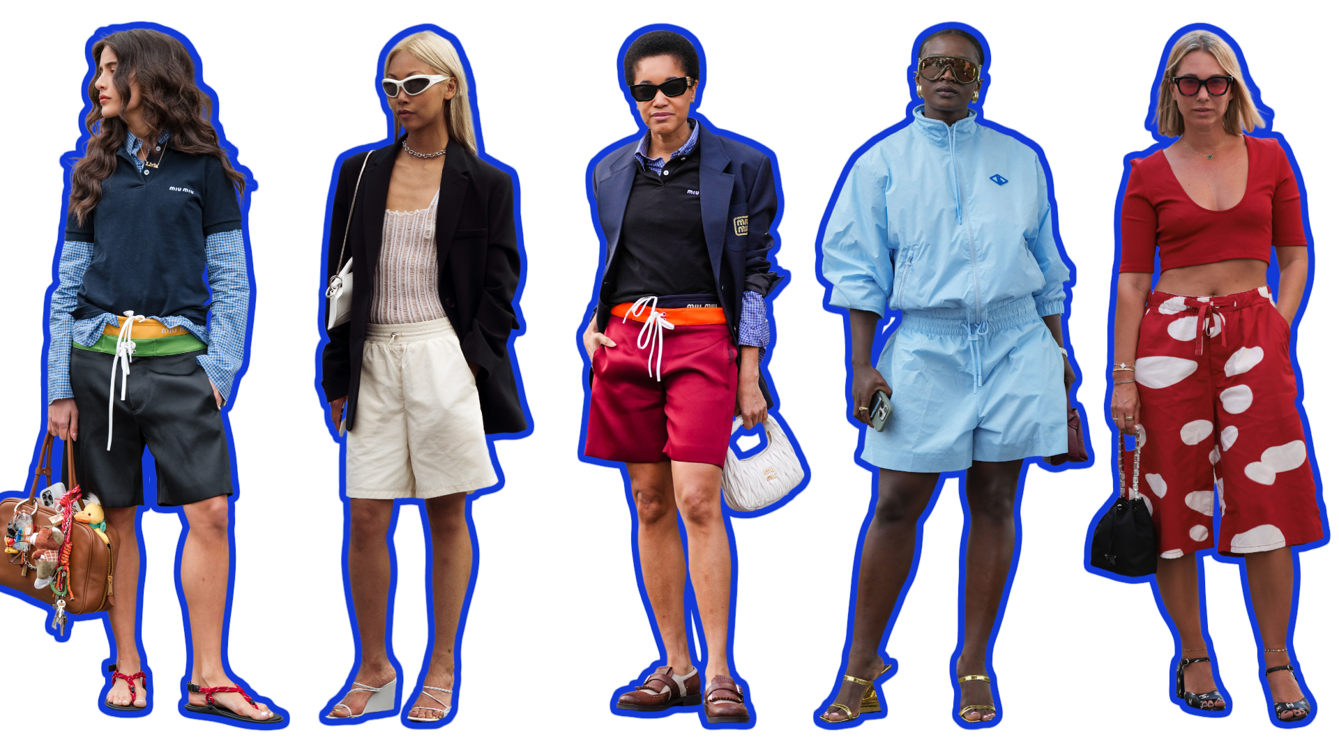 a collage of women at fashion week wearing board short outfits for summer