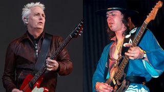 LEFT: NAPA, CALIFORNIA - MAY 25: Mike McCready of Pearl Jam performs onstage during 2024 BottleRock Napa Valley at Napa Valley Expo on May 25, 2024 in Napa, California.)RIGHT: Stevie Ray Vaughn at the Embassy Ballroom in Chicago, Illinois, February 17,1984.