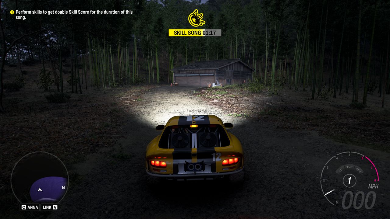 Forza Horizon 6 Barn Finds: A player parked outside an old wooden barn on a wooded hillside at night.