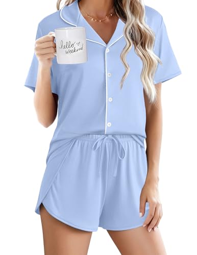Ekouaer Pajamas for Women Set Button Up Sleepwear 2 Piece Pjs Lounge Set Short Sleeve Nightwear Blue L