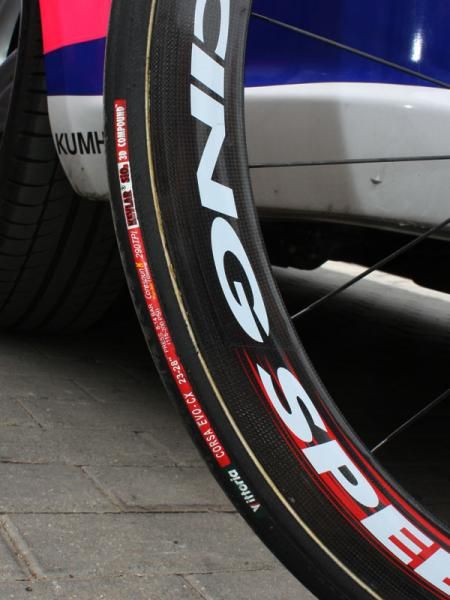 Ballan's Fulcrum Racing Speed deep-section carbon tubulars are wrapped in Vittoria rubber.