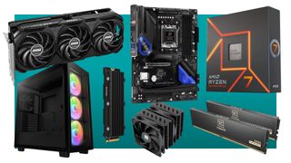 A collection of gaming PC components against a teal background with a white border