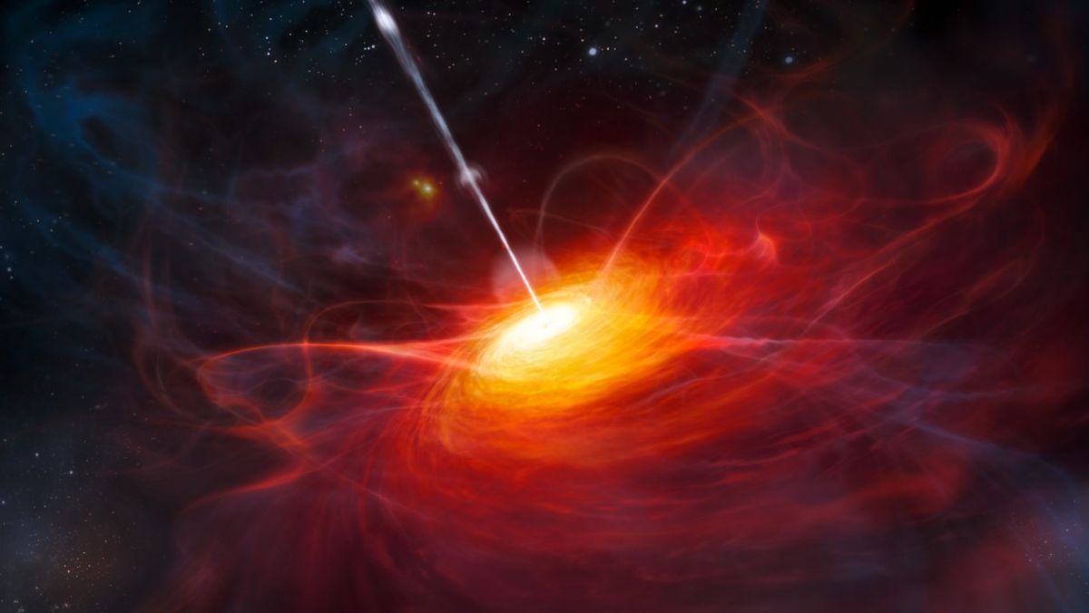 artist&#039;s illustration of a supermassive black hole firing a bright-white jet into deep space