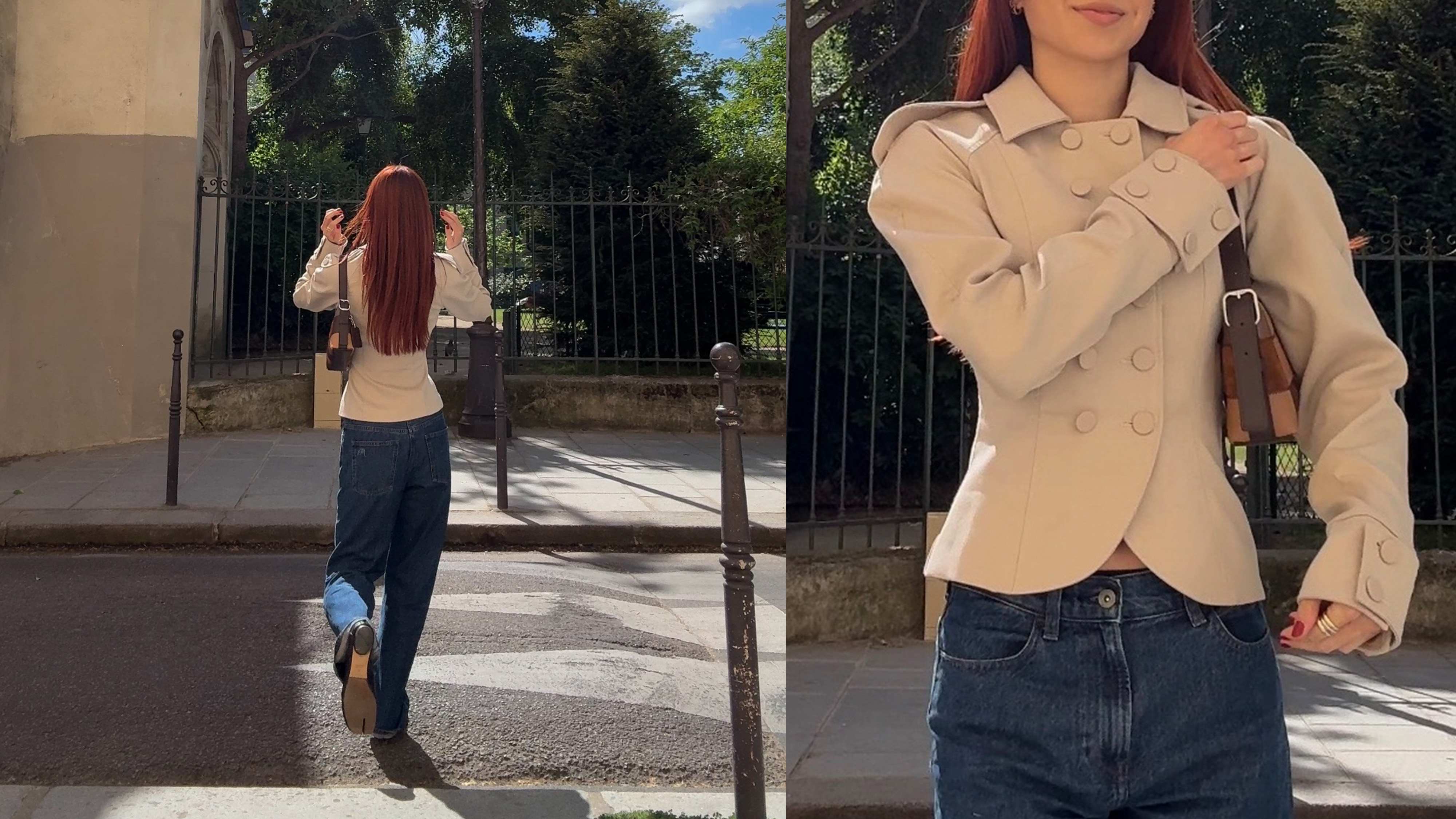 Kristina Ang in Paris wearing a fitted blazer and dark-wash jeans. 