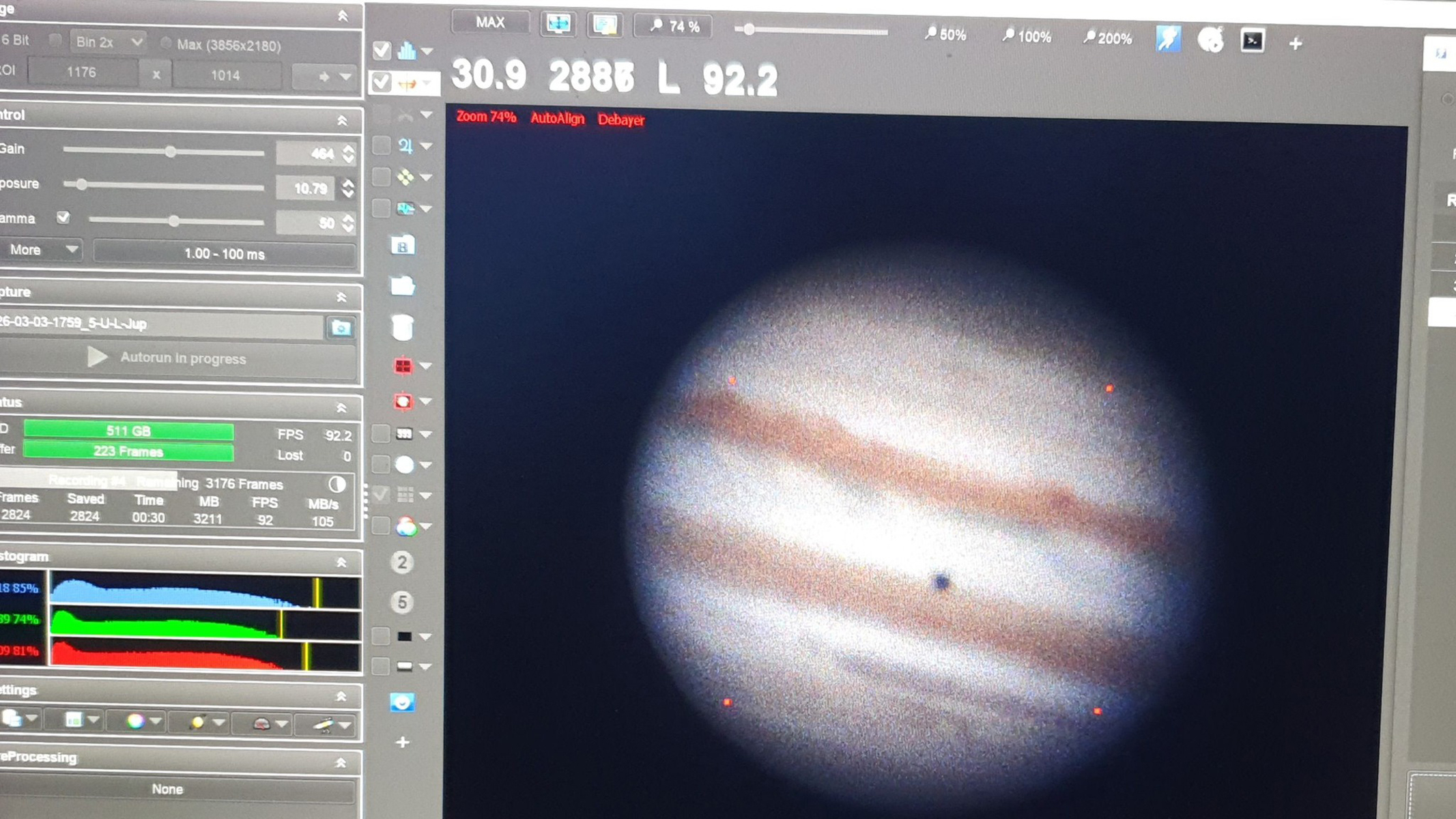Jupiter displayed on a laptop, via a dedicated astrophotography camera. 