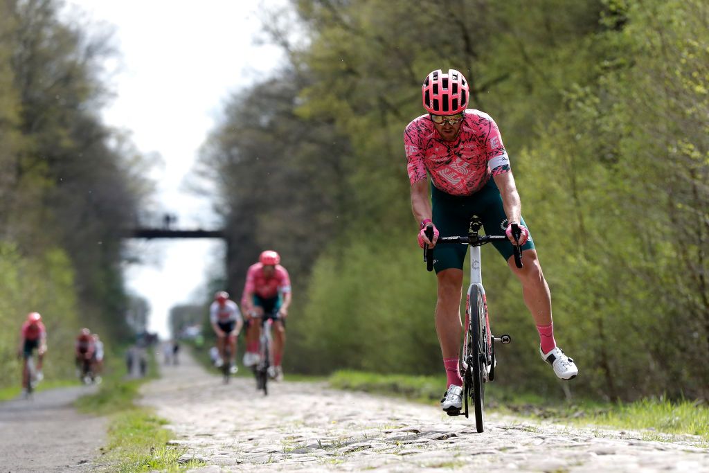 ROUBAIX FRANCE APRIL 14 Thomas Scully of New Zealand and Team EF Education Easypost trains at Troue dArenberg cobblestones sector during the 119th ParisRoubaix 2022 Training ParisRoubaix WorldTour on April 14 2022 in Roubaix France Photo by Bas CzerwinskiGetty Images