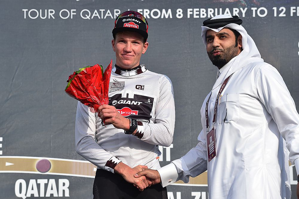 S&oslash;ren Kragh Andersen in the jersey of best young rider at Qatar