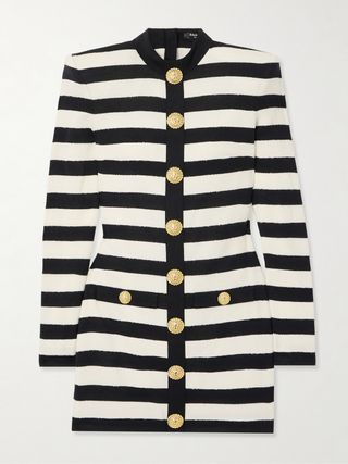 Button-Embellished Striped Jersey and Terry Mini Dress